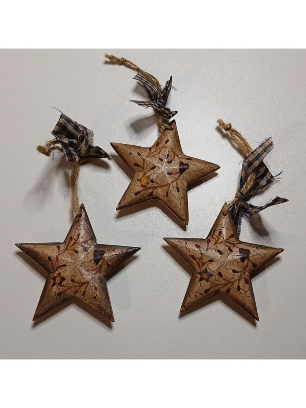 Set of 3 Vintage Style Star Ornaments with Plaid Ribbon